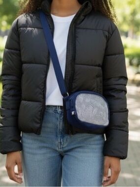 Lands' End Navy Crossbody with Black & White Patterned Front